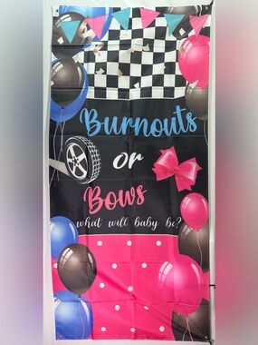 Gender Reveal Door Banner “Burnouts or Bows” Photo Backdrop 72.8 x35.4in